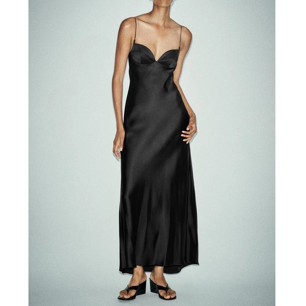 Zara Black Satin Sweetheart Maxi Dress XL New
